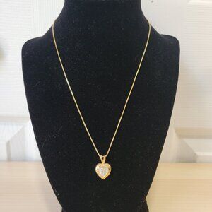 Silver Gold Small Heart Shaped Diamond Chip Pendant 18" Chain Clasp Necklace EUC